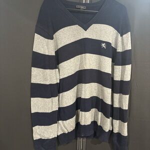 Express V-Neck Sweater in Navy and Gray Stripes